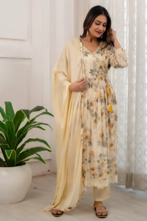 Vidalia Cream Floral Printed Kurta Set with Dupatta