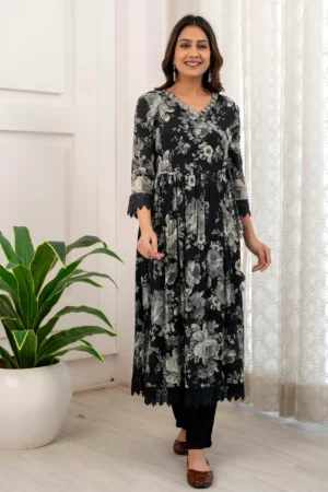 Vidalia Black Floral Printed Anarkali Kurta Set with Lace Detailing